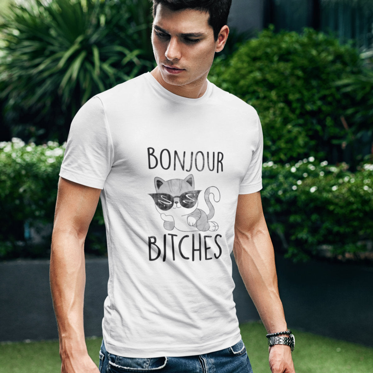 Biała UNISEX koszulka Bonjour bitches kotek