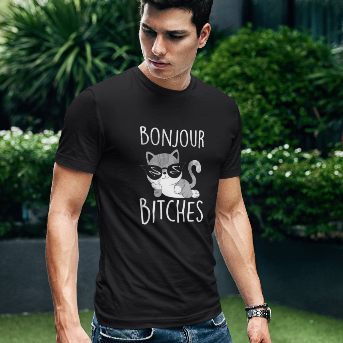 Czarna UNISEX  koszulka Bonjour bitches kotek