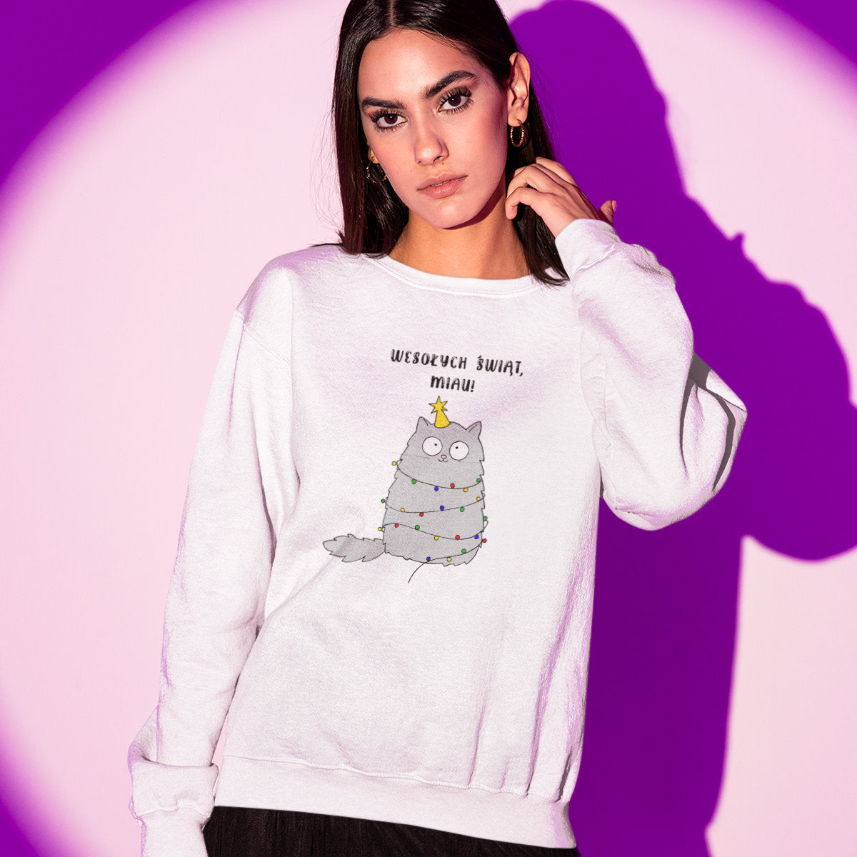 UNISEX Biała bluza Wesołych Świąt, Miau