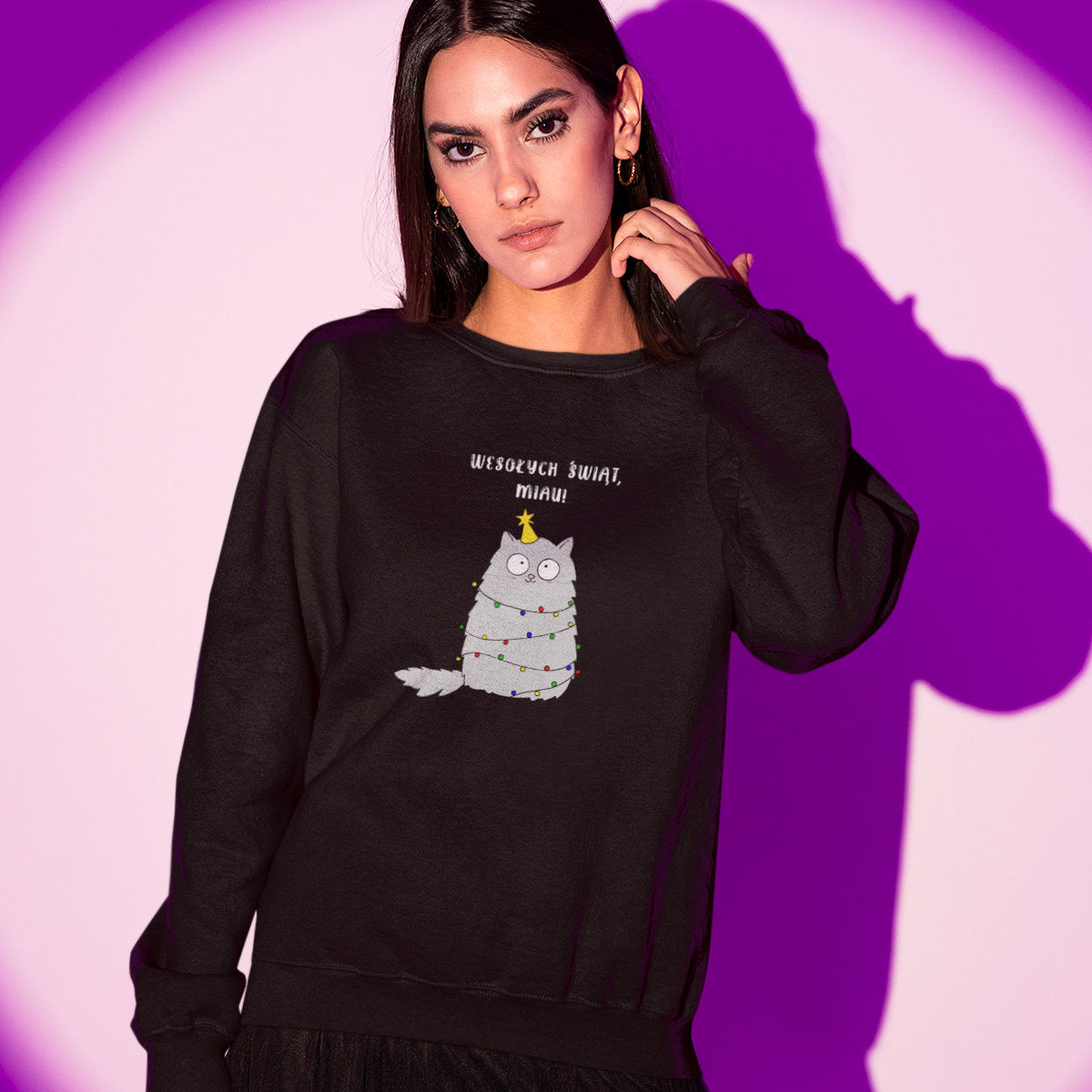 UNISEX Czarna bluza Wesołych Świąt, Miau