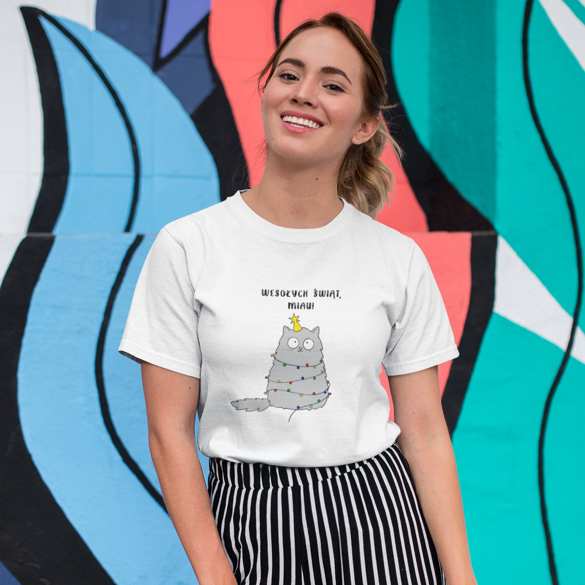 Biały UNISEX T-shirt Wesołych Świąt, Miau