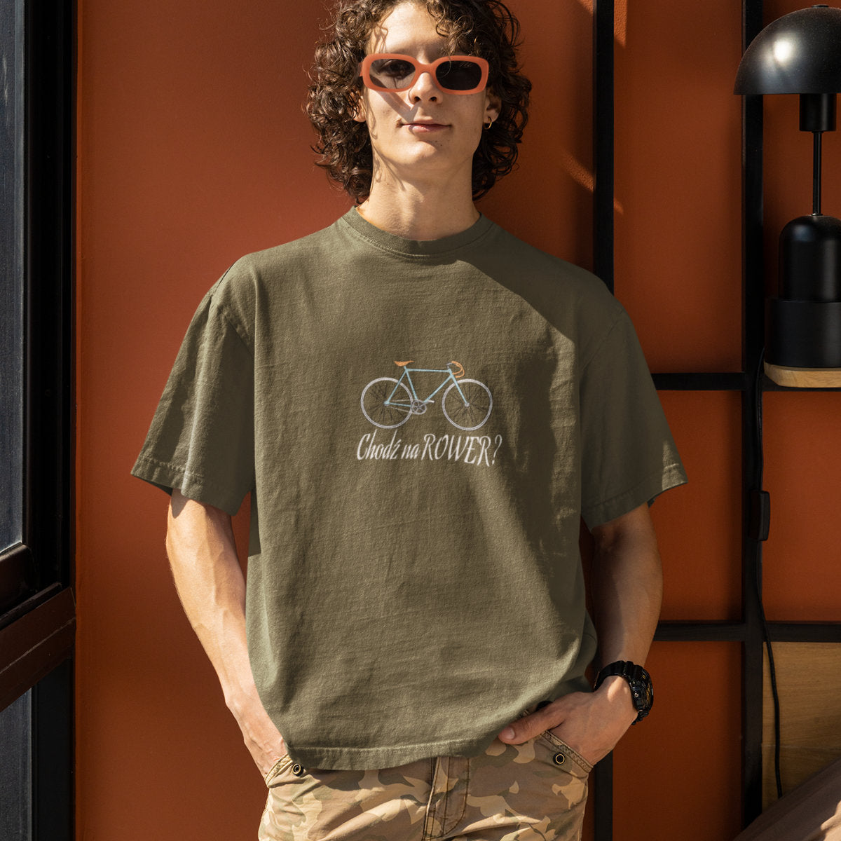 Khaki UNISEX koszulka "CHODŹ NA ROWER?"