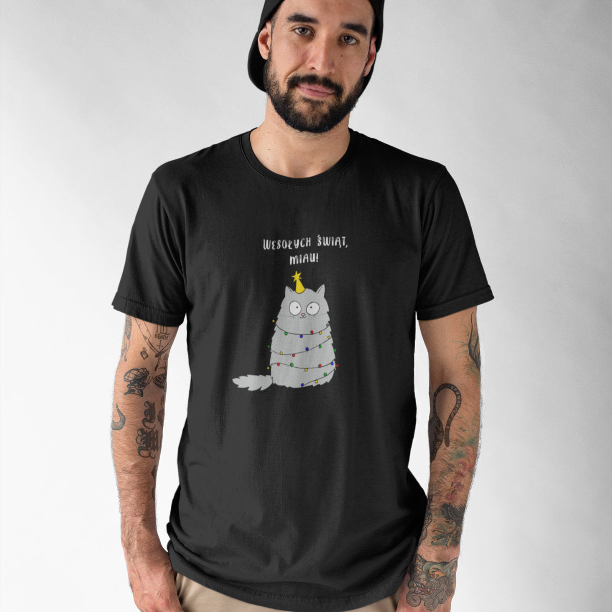 Czarny UNISEX T-shirt Wesołych Świąt, Miau