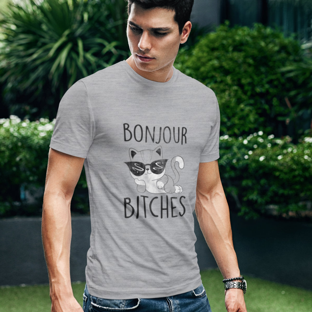 Melanżowa szara UNISEX  koszulka Bonjour bitches kotek