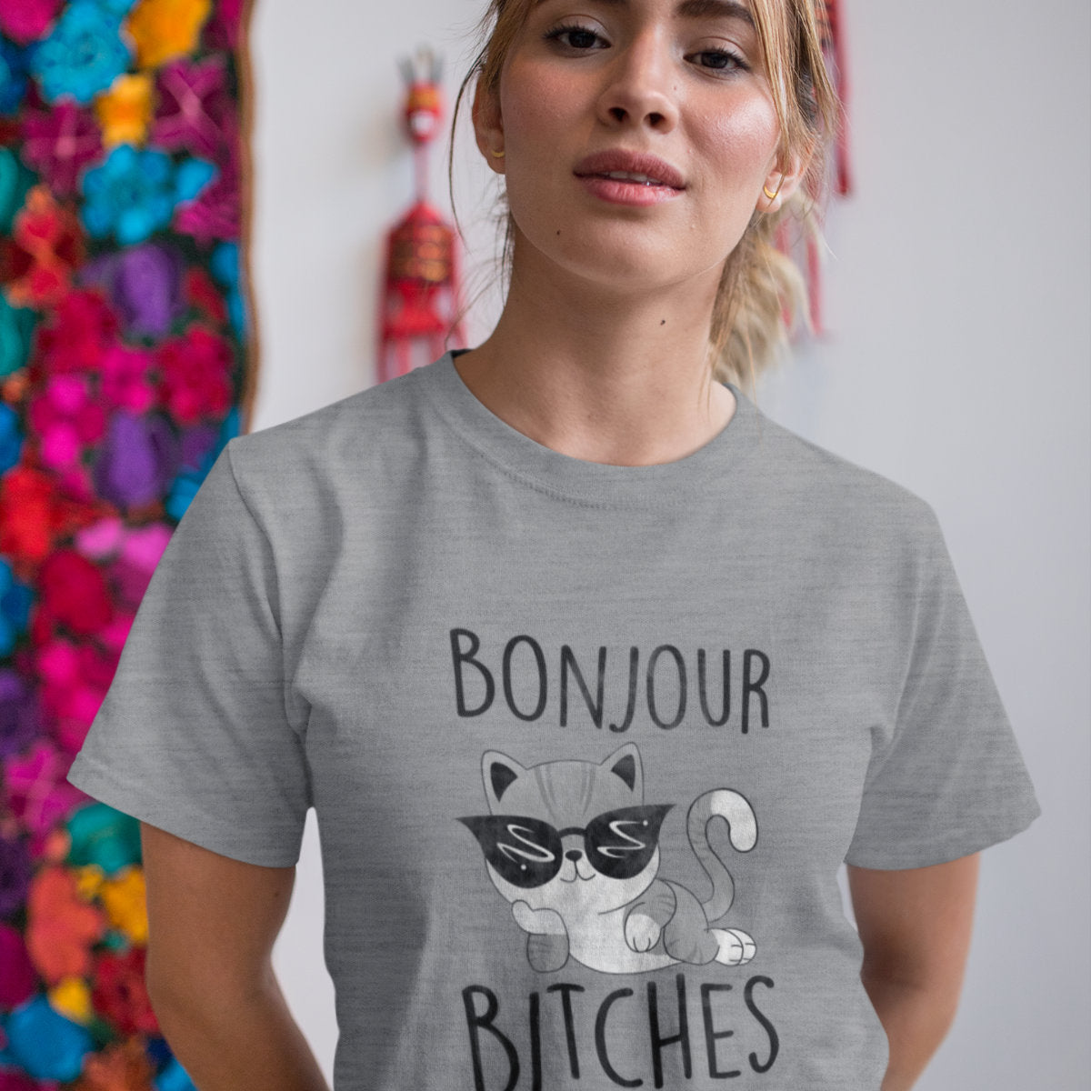 Melanżowa szara UNISEX  koszulka Bonjour bitches kotek