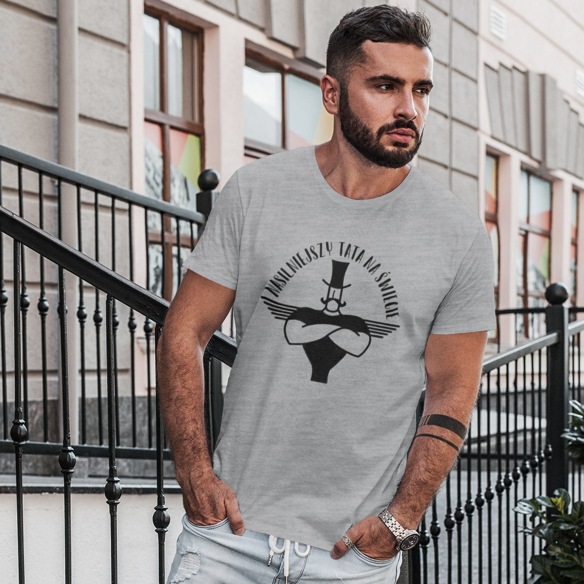 Szary Melanżowy UNISEX T-shirt Nasilniejszy tata na świecie