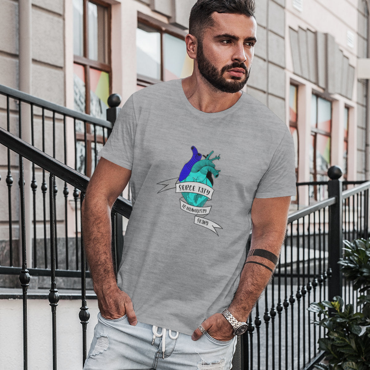 Szary Melanżowy UNISEX T-shirt Serce taty